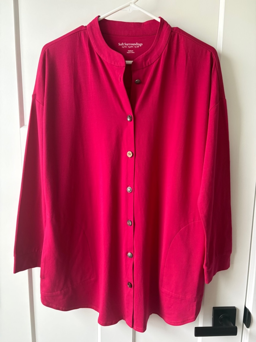 Soft Surroundings cotton stretch long sleeve mismatched button down pink/red MD